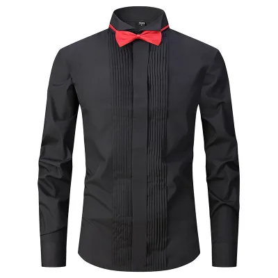 Men Casual Party Wedding Solid Color Stripe Bow Long Sleeve Stand Collar Plus Size Dress Shirts