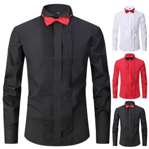 Men Casual Party Wedding Solid Color Stripe Bow Long Sleeve Stand Collar Plus Size Dress Shirts