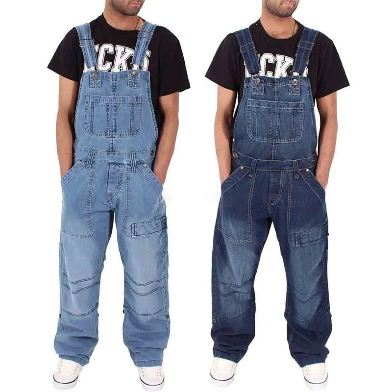 Men Fashion Hip Hop Casual Solid Color Plus Size Multi Pocket Cargo Denim Suspenders Jeans