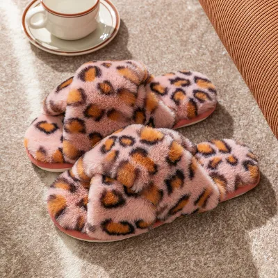 Autumn Winter Women Plus Size Cross Leopard Plush Home Slippers
