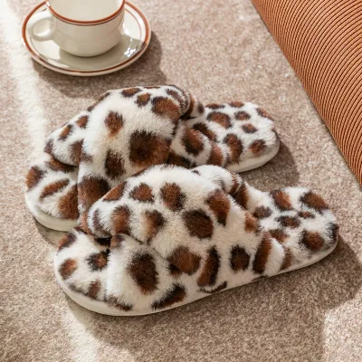 Autumn Winter Women Plus Size Cross Leopard Plush Home Slippers