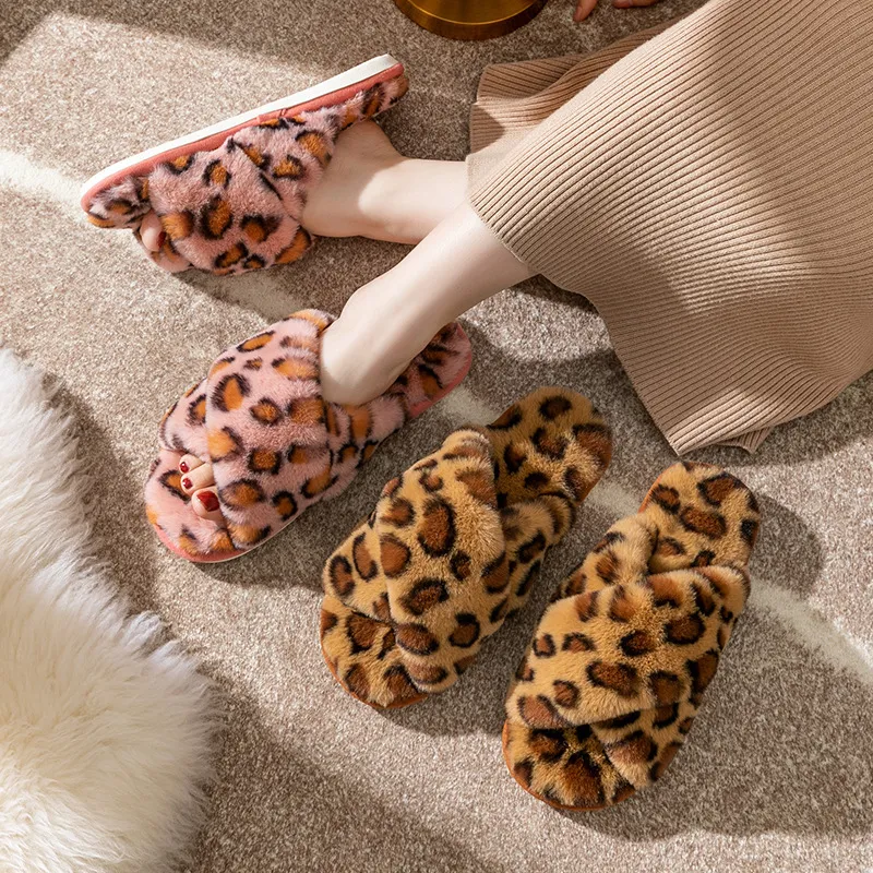 Autumn Winter Women Plus Size Cross Leopard Plush Home Slippers