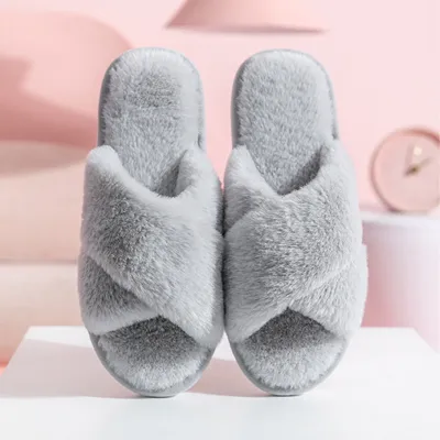 Women's Plus Size Solid Color Plush Cross House Slippers Winter Autumn