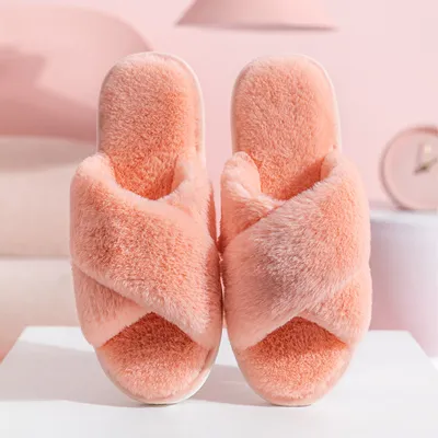 Women's Plus Size Solid Color Plush Cross House Slippers Winter Autumn