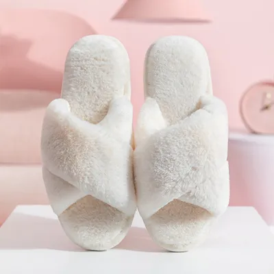 Women's Plus Size Solid Color Plush Cross House Slippers Winter Autumn