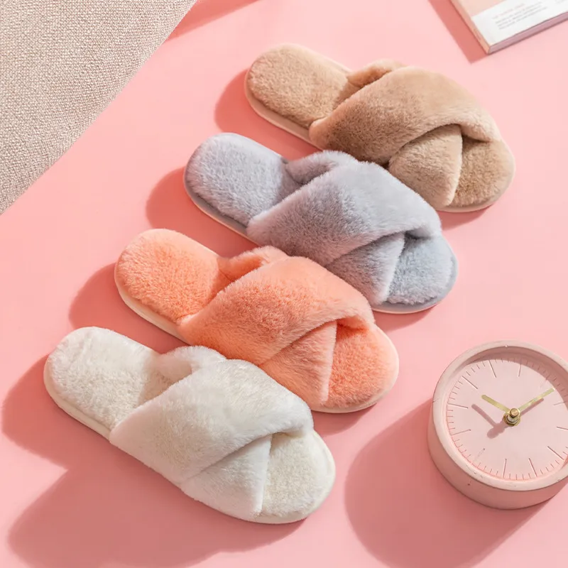 Women's Plus Size Solid Color Plush Cross House Slippers Winter Autumn