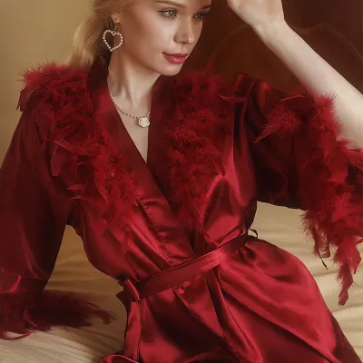 Women's French Style Feather Trim V-Neck Long Sleeve Pajamas