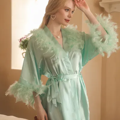 Women's French Style Feather Trim V-Neck Long Sleeve Pajamas