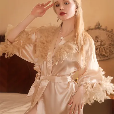 Women's French Style Feather Trim V-Neck Long Sleeve Pajamas