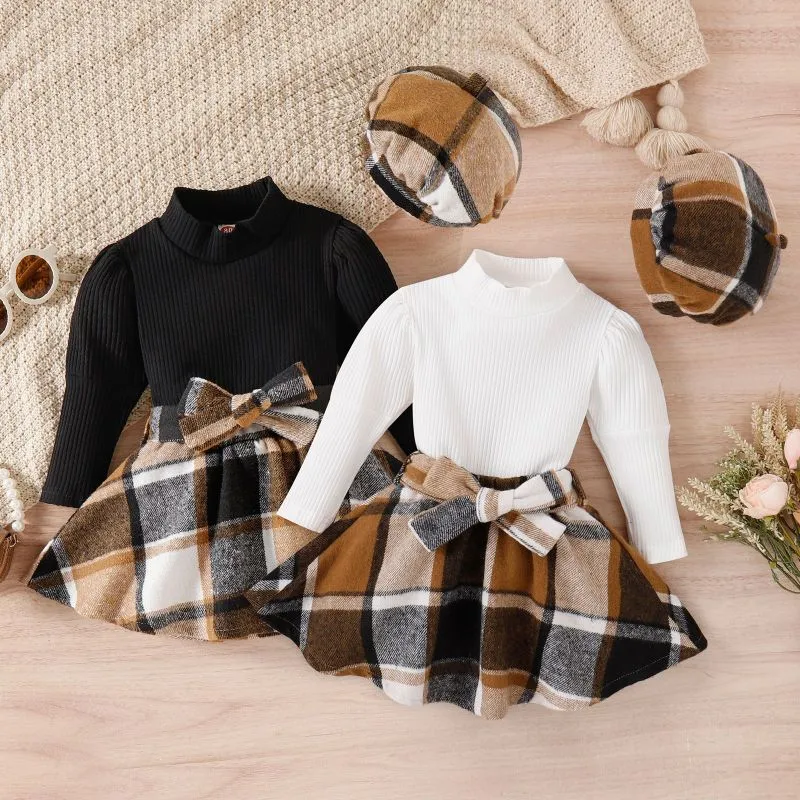 Kids Toddler Girls Fashion Casual Cotton Long Sleeve Round Neck T-Shirt Plaid Short Skirt Sets