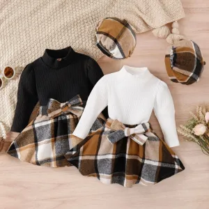 Kids Toddler Girls Fashion Casual Cotton Long Sleeve Round Neck T-Shirt Plaid Short Skirt Sets