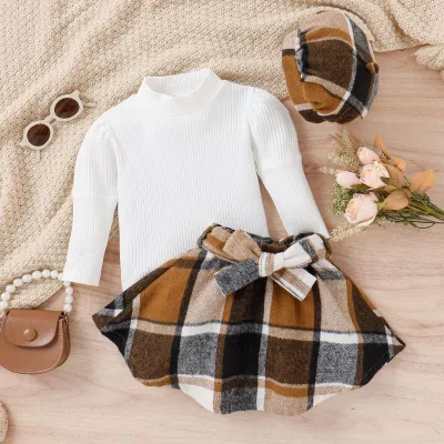 Kids Toddler Girls Fashion Casual Cotton Long Sleeve Round Neck T-Shirt Plaid Short Skirt Sets