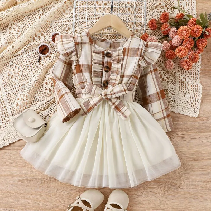 Kids Toddler Girls Plaid Princess Dress Long Sleeve Round Neck Mesh Cotton Casual Play