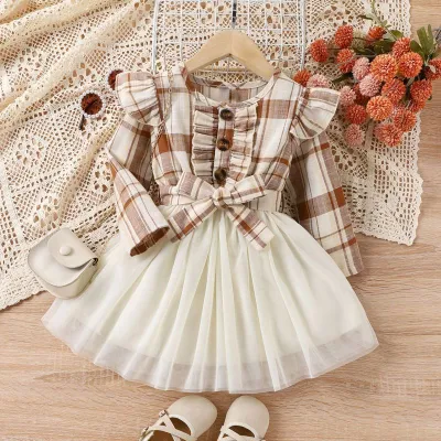 Kids Toddler Girls Plaid Princess Dress Long Sleeve Round Neck Mesh Cotton Casual Play