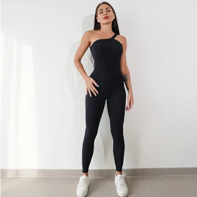 Women Fashion Sexy Solid Color Shoulder Sports Yoga Tight Jumpsuits