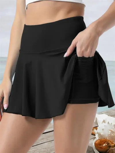 Women Casual Solid Color Pleated Anti-Glare High Waist Sports Skirt