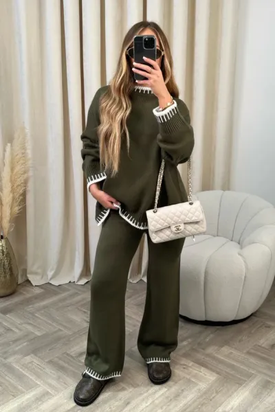 Casual Winter Women Loose Knitted Sweater Pants Two-Piece Set