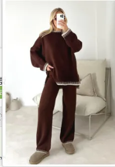 Casual Winter Women Loose Knitted Sweater Pants Two-Piece Set