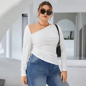 Women Fashion Plus Size Open Shoulder Long Sleeve Irregular Creased Top