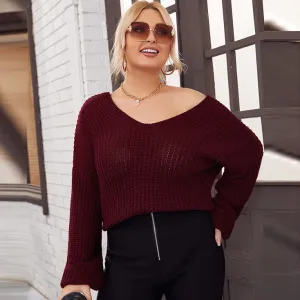 Women Fashion Plus Size Solid Color V-Neck Long Sleeve Knitted Sweater