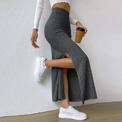 Women Fashion Solid Color Elegant Office Basic High-Waisted Side-Slit Slim-Fit Knitted Skirt