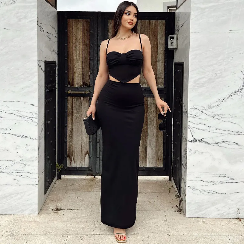 Summer Women Solid Color Spaghetti Strap Camis Long Skirt Sexy Set