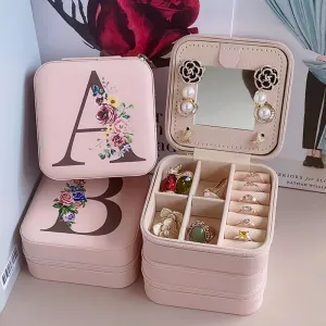 Caja de espejo de Almacenamiento Simple de Pu, caja de joyería con 26 letras impresas del alfabeto, caja de embalaje de almacenamiento de joyería portátil