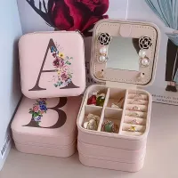 Pu Simple Storage Mirror Box 26 Alphabet Printed Letters Jewelry Box Portable Jewelry Storage Packaging Box