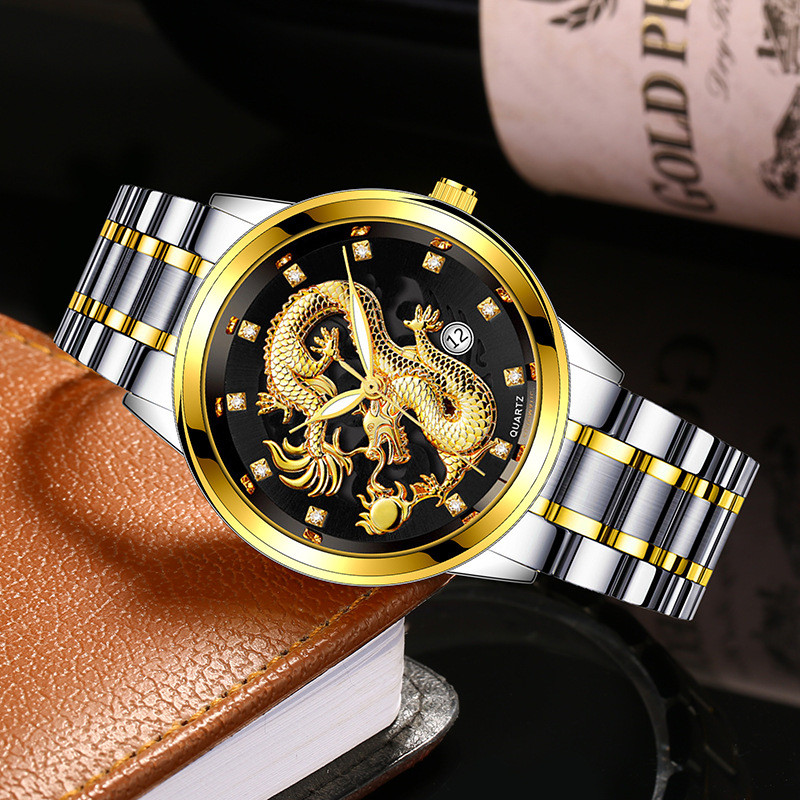Wholesale Steel Band Gold Embossed Golden Dragon Non-Mechanical Business  Alloy Rhinestone Calendar Quartz Men Watch