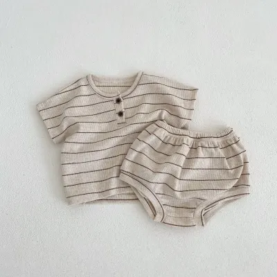 Baby Summer Fashion Stripe Pullover Crewneck Short-Sleeved T-Shirt Shorts Two-Piece Set for Baby Boys