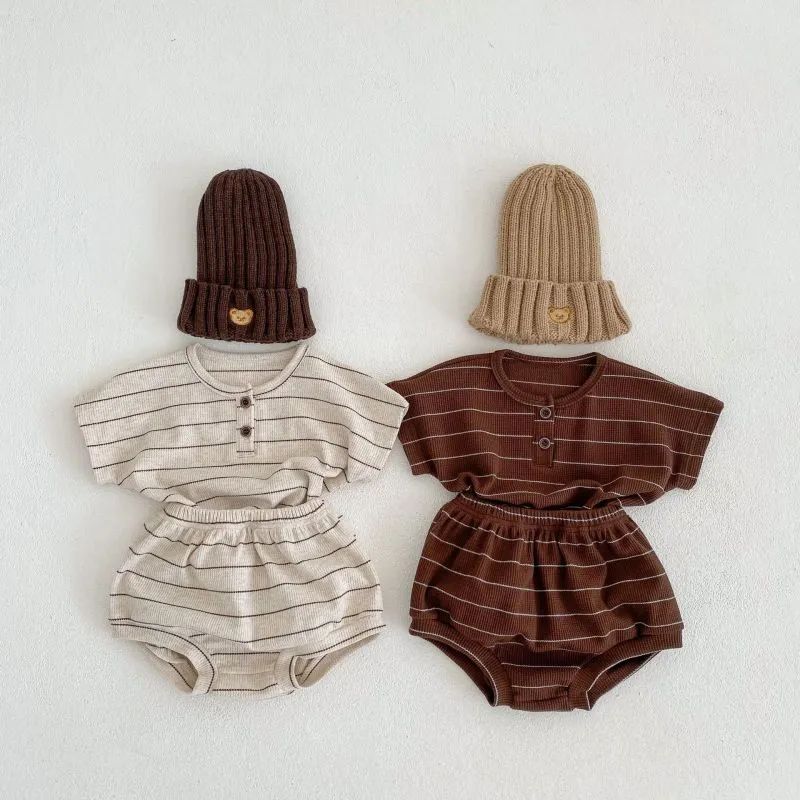 Baby Summer Fashion Stripe Pullover Crewneck Short-Sleeved T-Shirt Shorts Two-Piece Set for Baby Boys