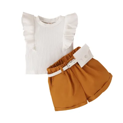 Kids Toddler Girls Fashion Casual Solid Color Stripe Sleeveless Round Neck T-Shirt and Shorts Set