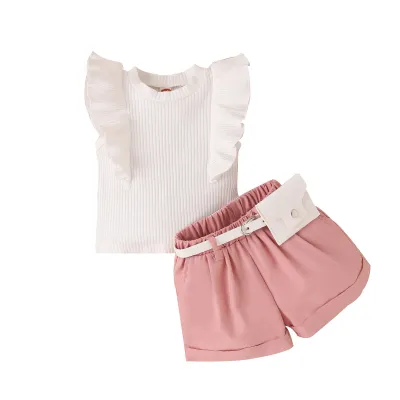 Kids Toddler Girls Fashion Casual Solid Color Stripe Sleeveless Round Neck T-Shirt and Shorts Set