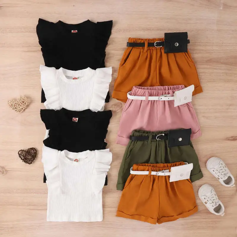 Kids Toddler Girls Fashion Casual Solid Color Stripe Sleeveless Round Neck T-Shirt and Shorts Set
