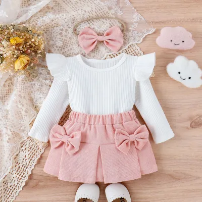 Kids Girls Cotton Solid Color Stripe Long Sleeve Round Neck T-Shirt Bow Skirt Set for Toddler 3-14T