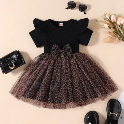 Kids Toddler Girls Fashion Casual Leopard Stripe Short Sleeve Round Neck Bow Mesh Spliced Dress