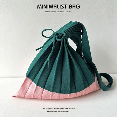 Women Fashion Creased Color Block Stitching Knitted Large Capacity Shoulder Solid Bag