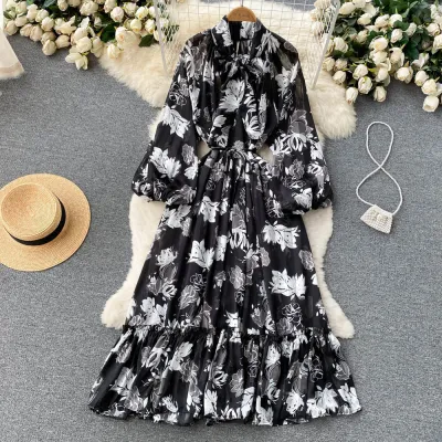 Vintage Floral Paisley Leaf Leopard Printed Bohemian Elegant Women Ruffled Pleated Loose Puff Sleeve Office Dress