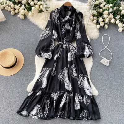 Vintage Floral Paisley Leaf Leopard Printed Bohemian Elegant Women Ruffled Pleated Loose Puff Sleeve Office Dress