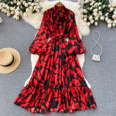 Vintage Floral Paisley Leaf Leopard Printed Bohemian Elegant Women Ruffled Pleated Loose Puff Sleeve Office Dress