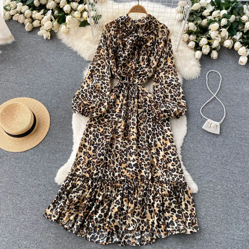 Vintage Floral Paisley Leaf Leopard Printed Bohemian Elegant Women Ruffled Pleated Loose Puff Sleeve Office Dress