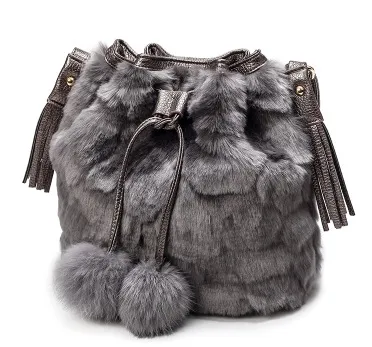 Autumn Winter Vintage Fashion Plush Leopard Drawstring Bucket Bag