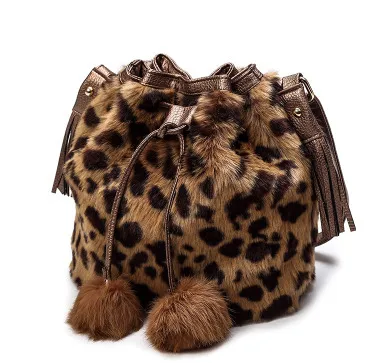 Autumn Winter Vintage Fashion Plush Leopard Drawstring Bucket Bag