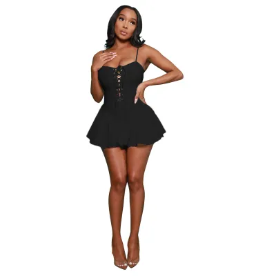 Women Sexy Solid Color Lace-Up Dress