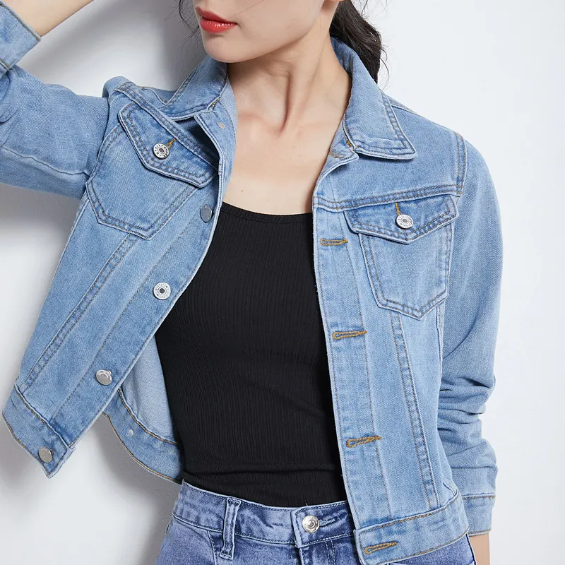 Women Casual Solid Color Long Sleeve Denim Jacket Slim Fit