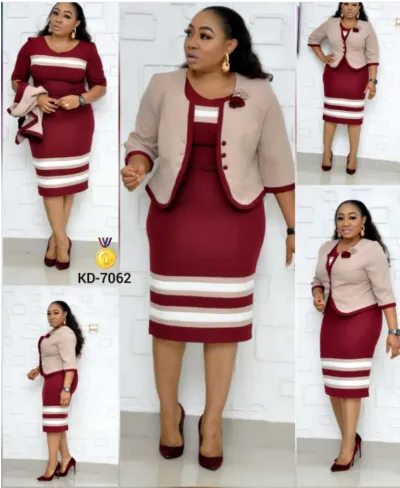 Women Plus Size Stripe Print Dress Button Coat Two-Piece Set
