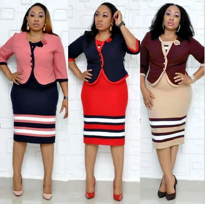 Women Plus Size Stripe Print Dress Button Coat Two-Piece Set