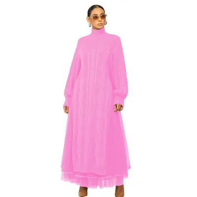 Women Casual Solid Color Sweater Split Mesh Skirt Two Pieces Set