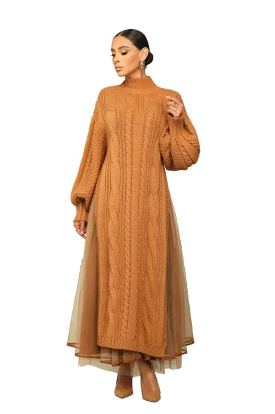 Women Casual Solid Color Sweater Split Mesh Skirt Two Pieces Set