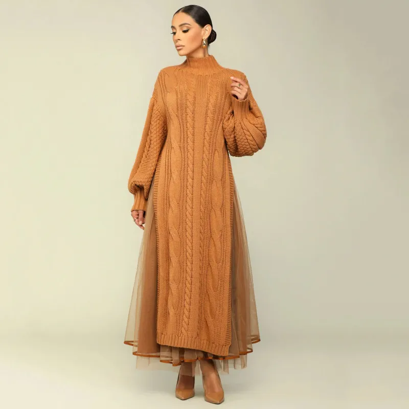 Women Casual Solid Color Sweater Split Mesh Skirt Two Pieces Set